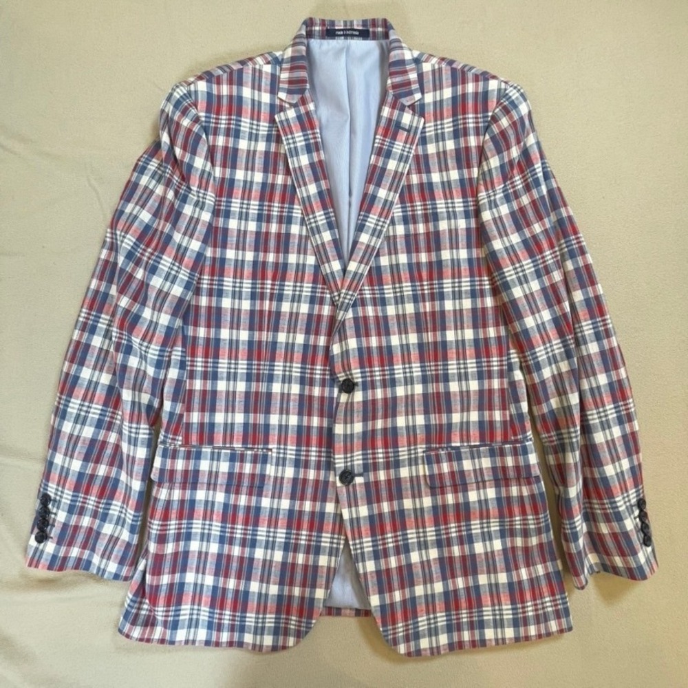 Bar III Blazer Mens 42L Red Blue White Plaid Slim Fit Cotton Linen‎ Carnaby Suit